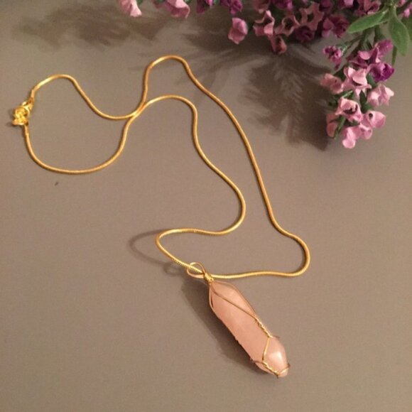 Rose Quartz gold wire wrapped crystal with 18k gold necklace New - Picture 6 of 6